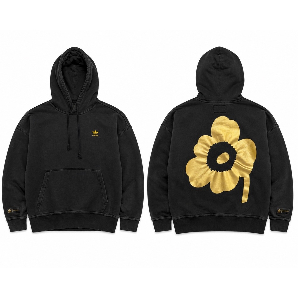 Adidas x Marimekko Hoodie Womens M Oversized Black Gold Unikko Flower Graphic